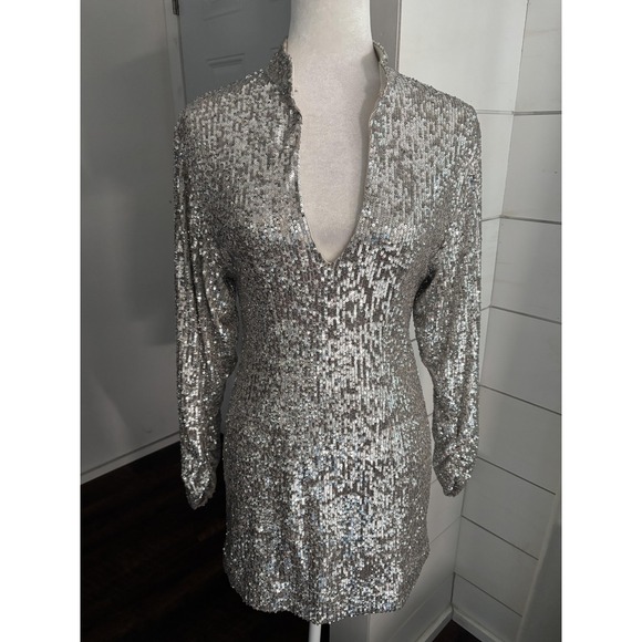 Ronny Kobo Dress Womens Small Silver Sequin Mini Long Sleeve Party Cocktail
